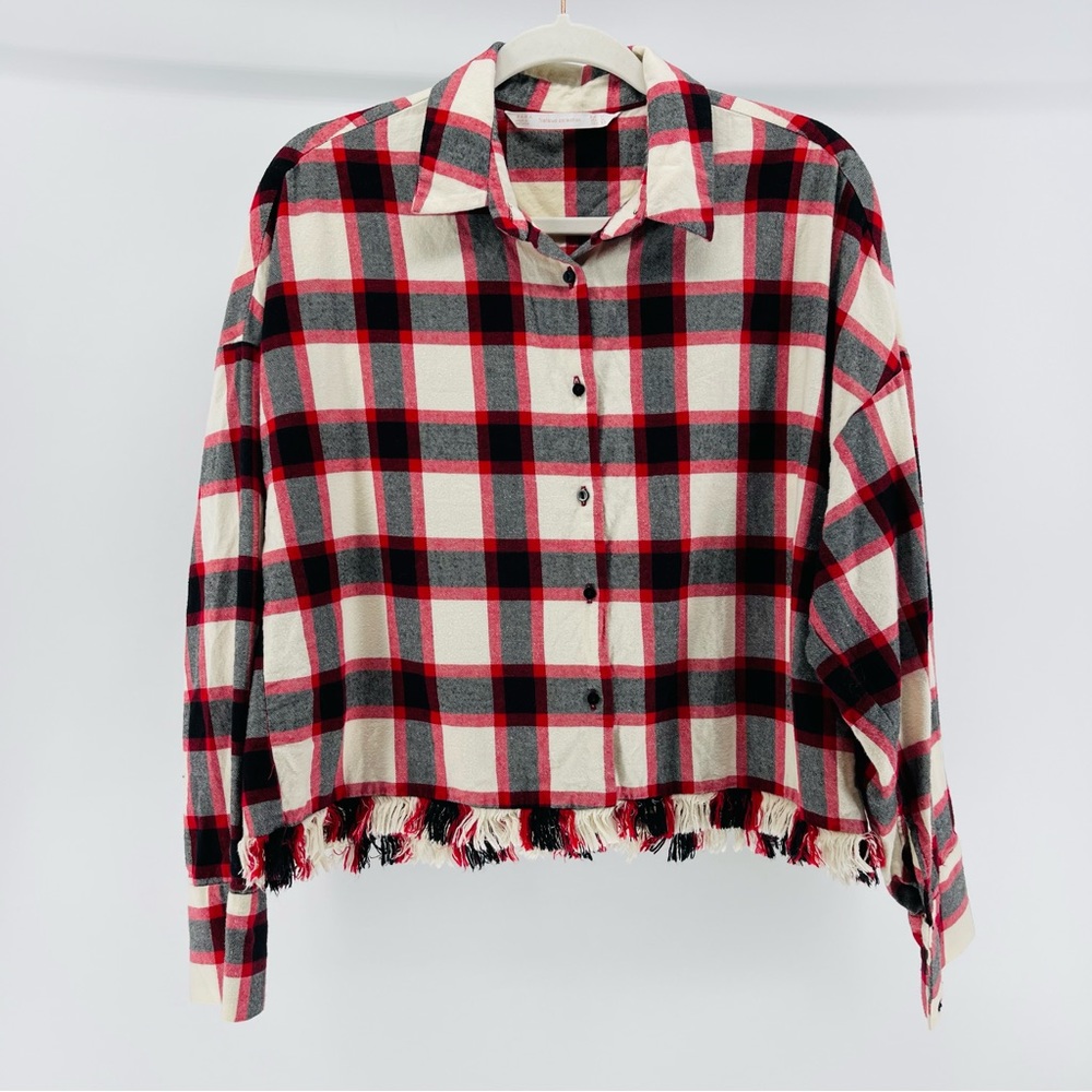 ZARA Plaid Button-Down Flannel, Fringe Hem, Relaxed Cropped Boxy Fit, Sz Medium